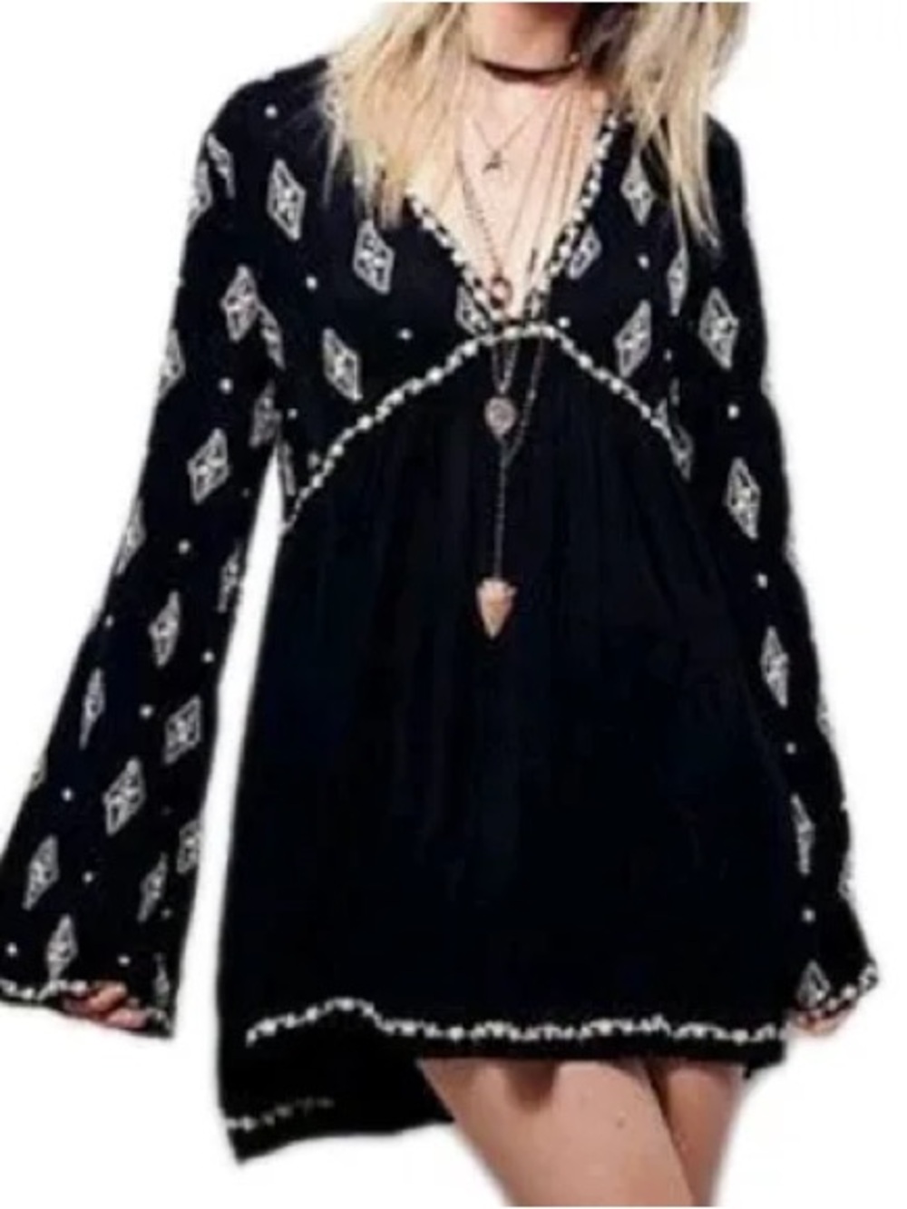 🌊 Free People Diamond Embroidered Boho Crinkle Tunic Top Black L